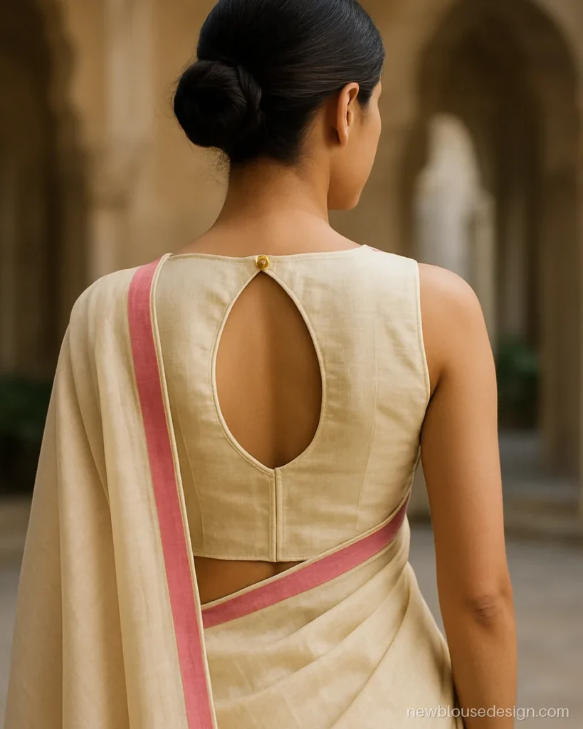 Cream chanderi sleeveless blouse with a deep keyhole back and button
