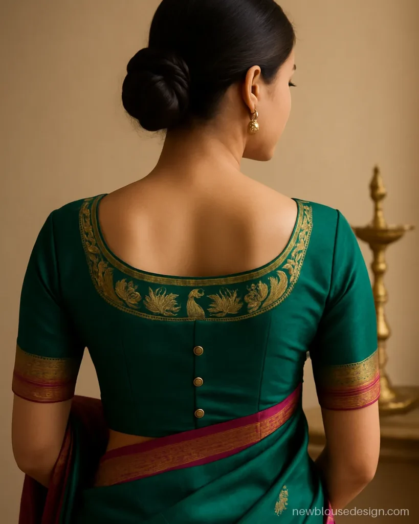 Peacock green blouse back with gala framed by woven border and buttons