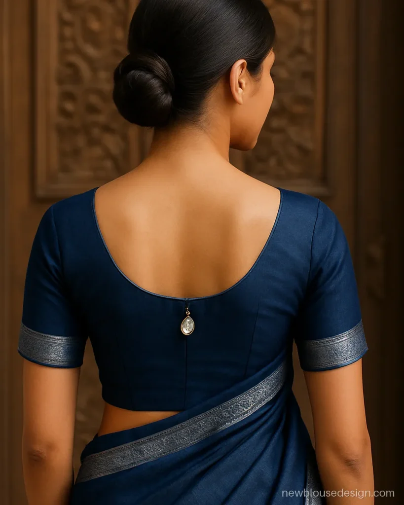 Blouse back neck drop design in navy with pendant latkan below gala