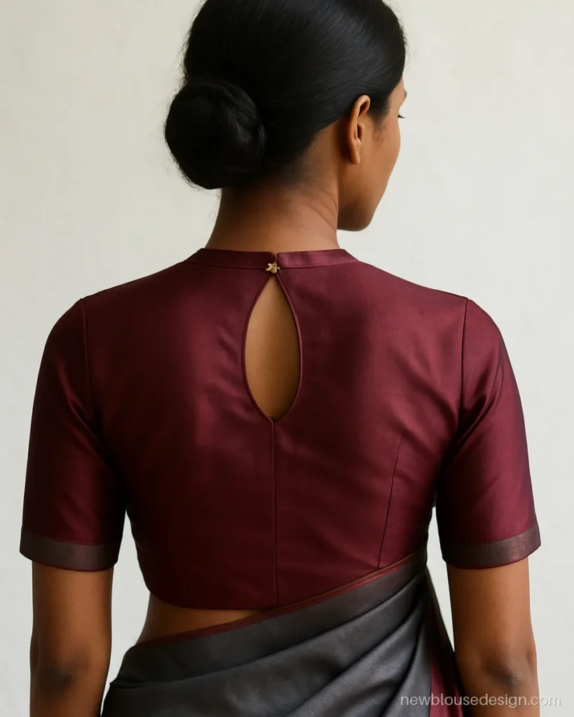 Blouse back neck hole design in wine silk with teardrop keyhole