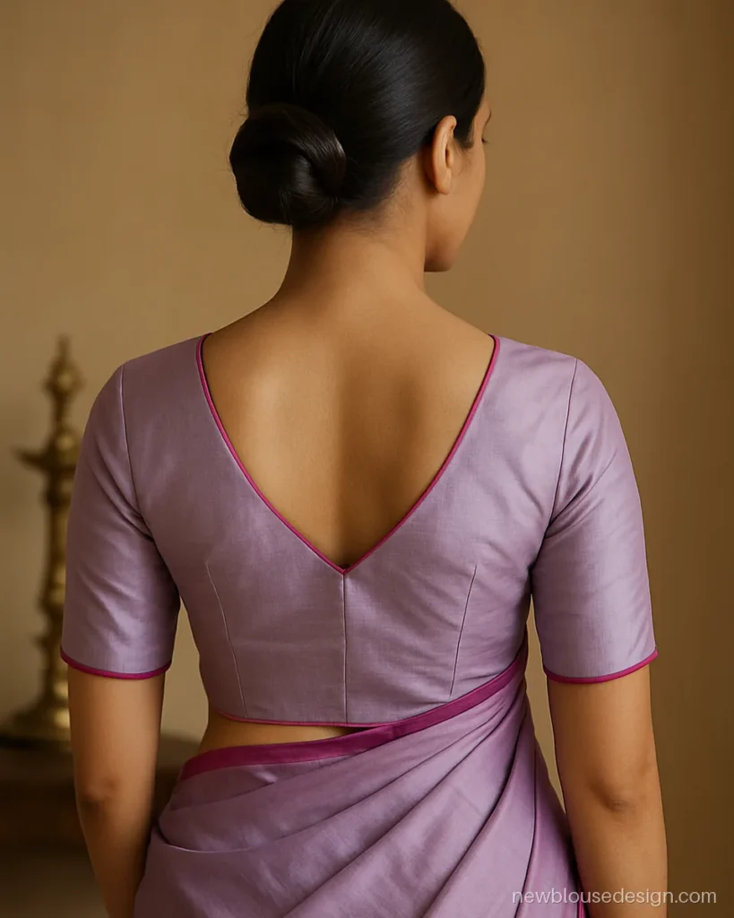 Lilac blouse back with paan shaped leaf gala and contrast piping