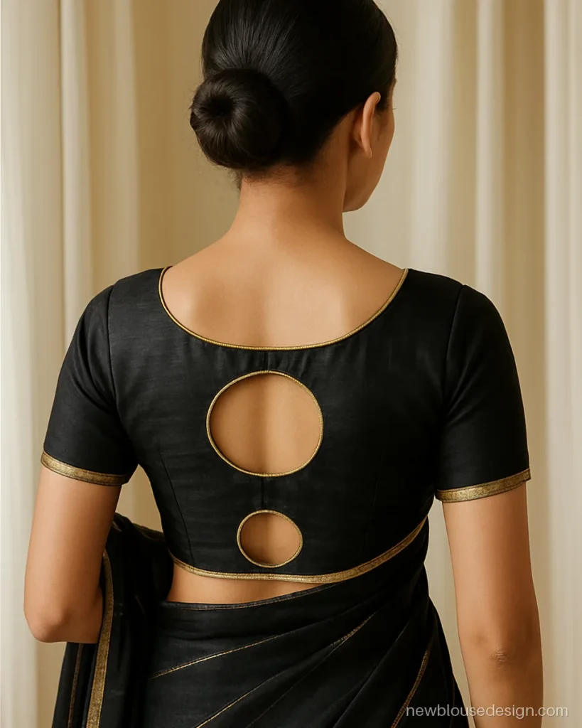 Blouse back neck circle design in black silk with round cut out below gala