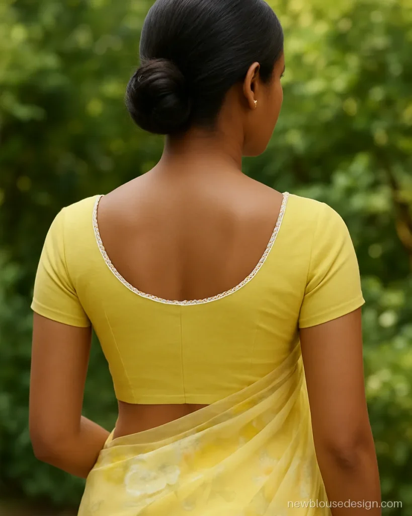 Lemon yellow blouse back with round neck and scalloped lace edge