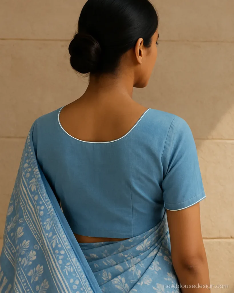 Simple blouse back neck design in sky blue cotton with round gala and piping