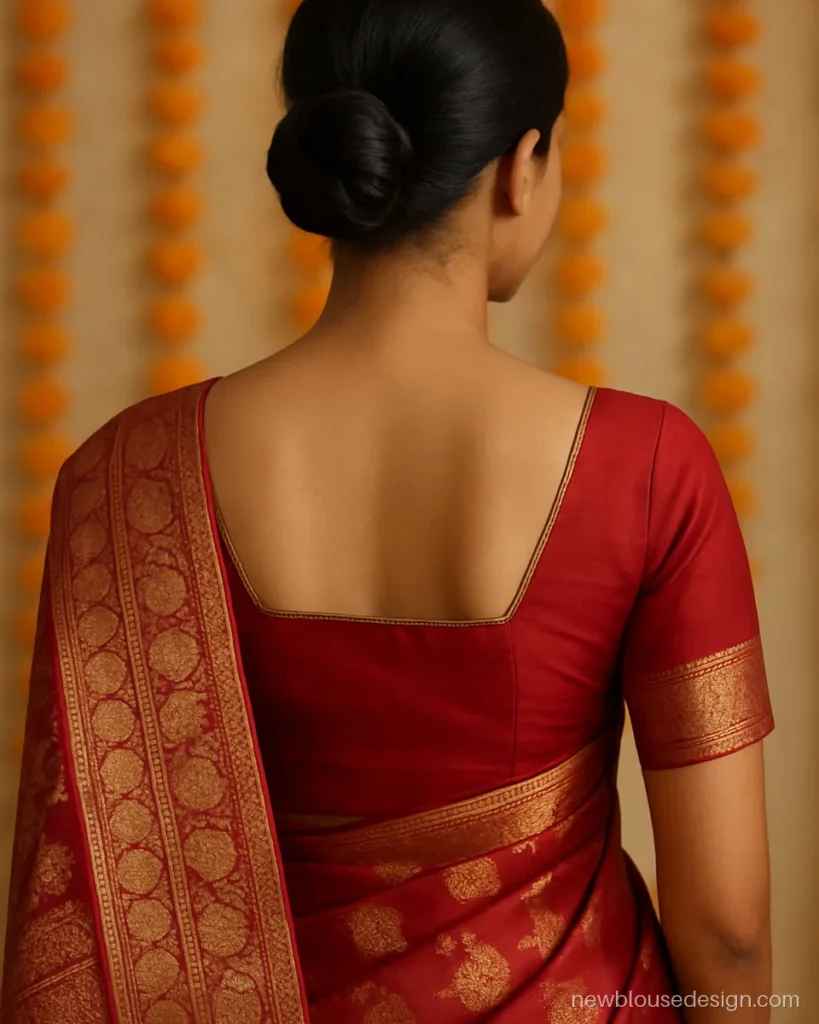 Red silk blouse back with square gala and mitred zari border