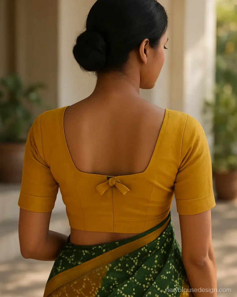 Blouse back neck patti design in mustard with square gala and tie band