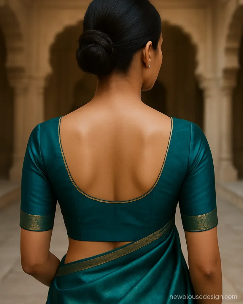Teal blouse back neck design with U gala filled with sheer net