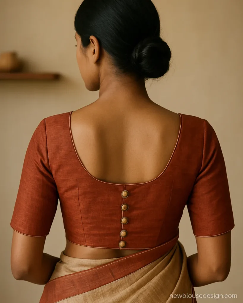 Back neck modern potli button blouse design in rust with shallow U