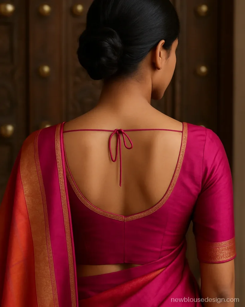 Magenta silk blouse back with deep U gala and broad zari border