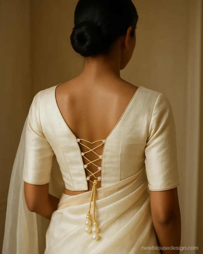 Ivory blouse back with V neck and criss cross dori