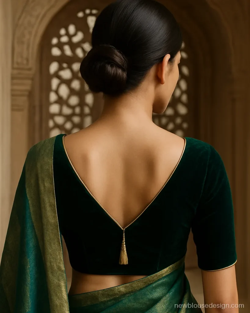 Emerald velvet blouse back with V gala and gold tassel at the tip