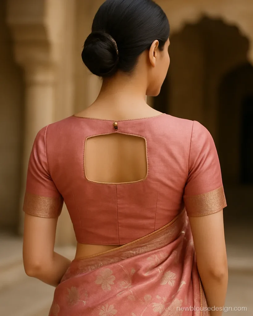 Back neck banarasi blouse design in pink with a square window and button