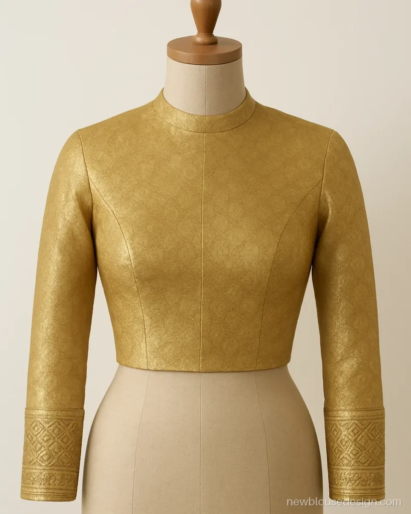 Gold Banarasi bridal blouse with full sleeves and a high round neck