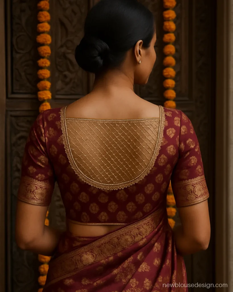 Maroon bridal Banarasi blouse back with a pearl mesh over a deep opening