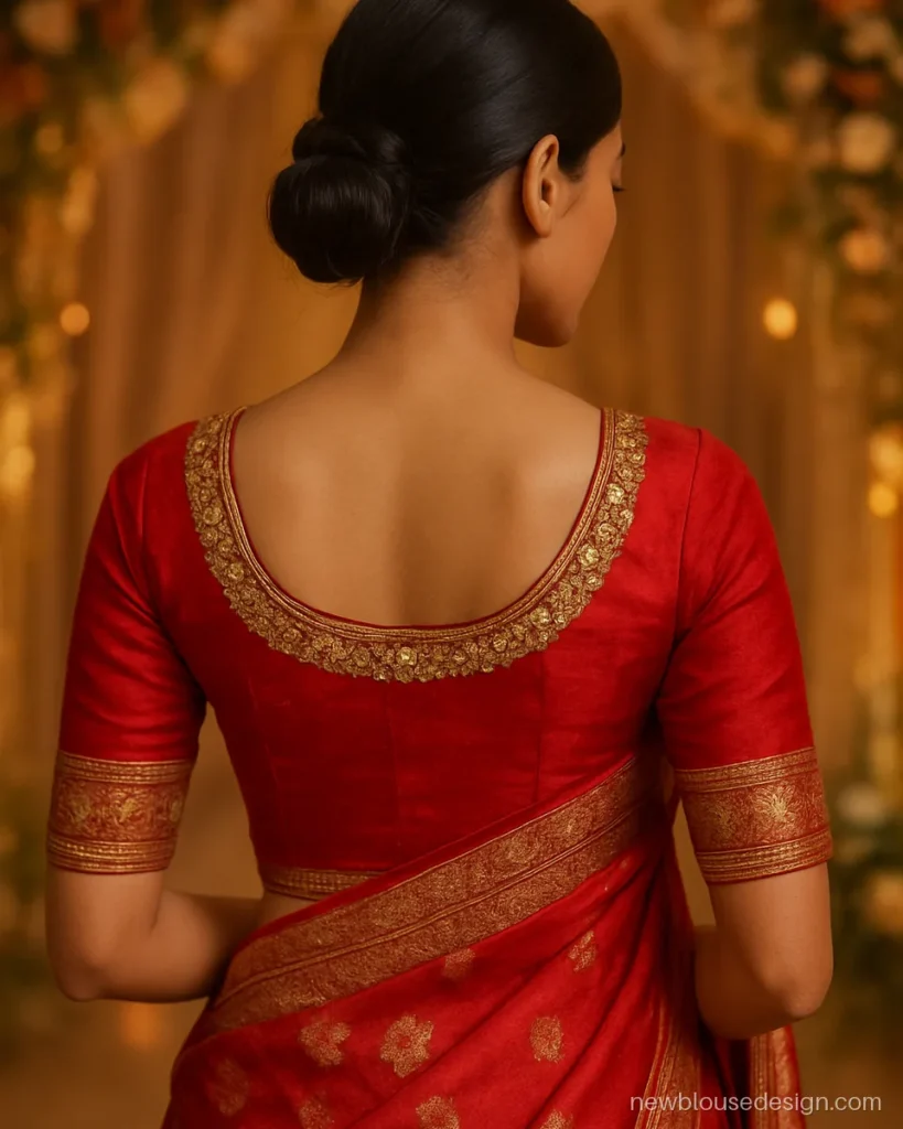 Red bridal banarasi silk saree blouse back design with zardozi and kundan