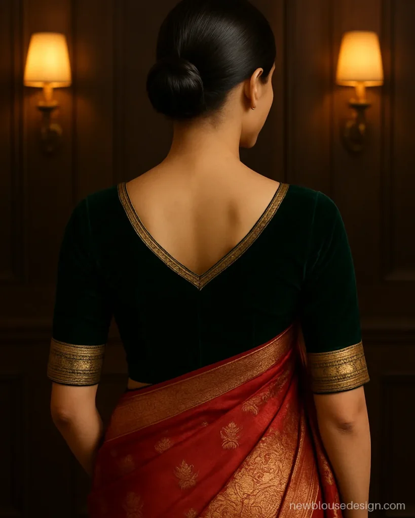 Bottle green velvet blouse for a red Banarasi saree with a gold border