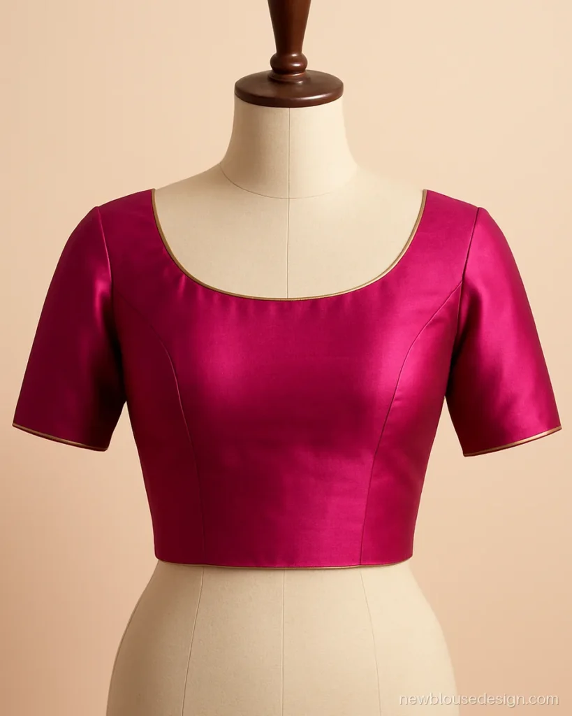 Pink silk blouse with a boat neck for an orange Banarasi saree