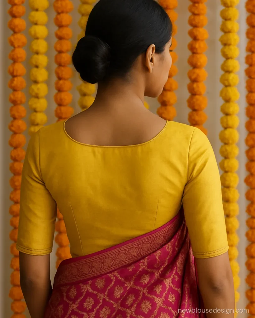 Yellow raw silk blouse for a magenta Banarasi saree, with zari piping