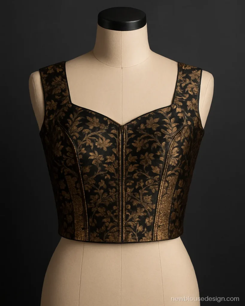 Black banarasi blouse with a corset style front and gold zari panels