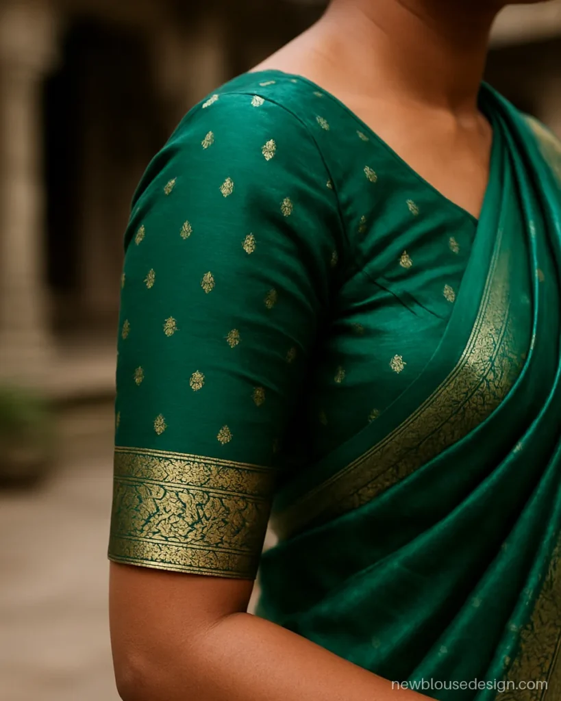 Banarasi blouse baju design in green with elbow sleeves and a broad zari band