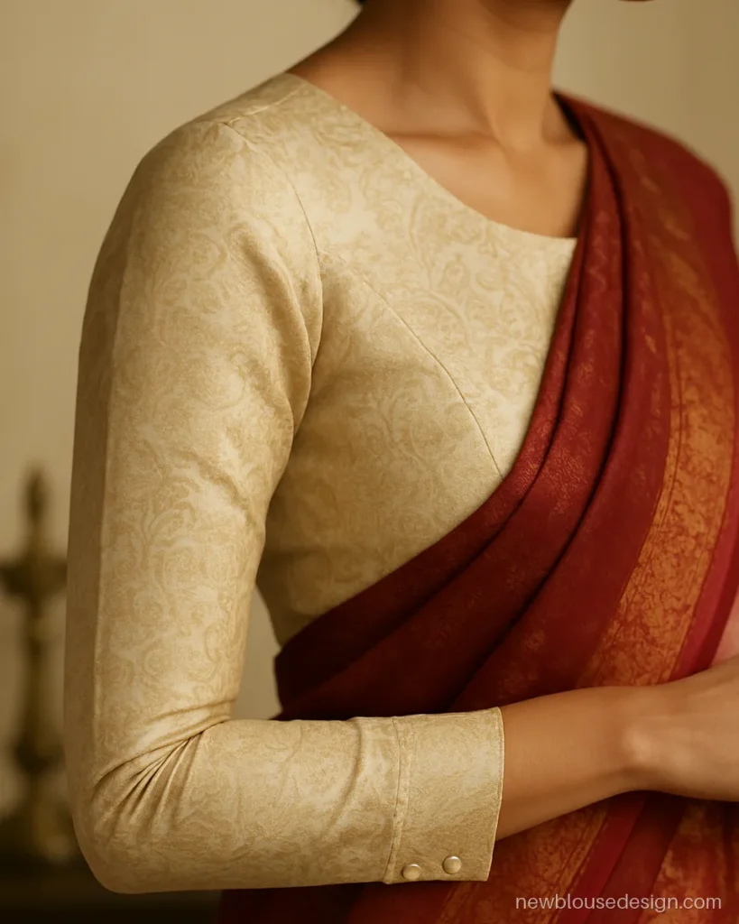 Ivory banarasi full sleeves blouse design with gold brocade and a narrow cuff