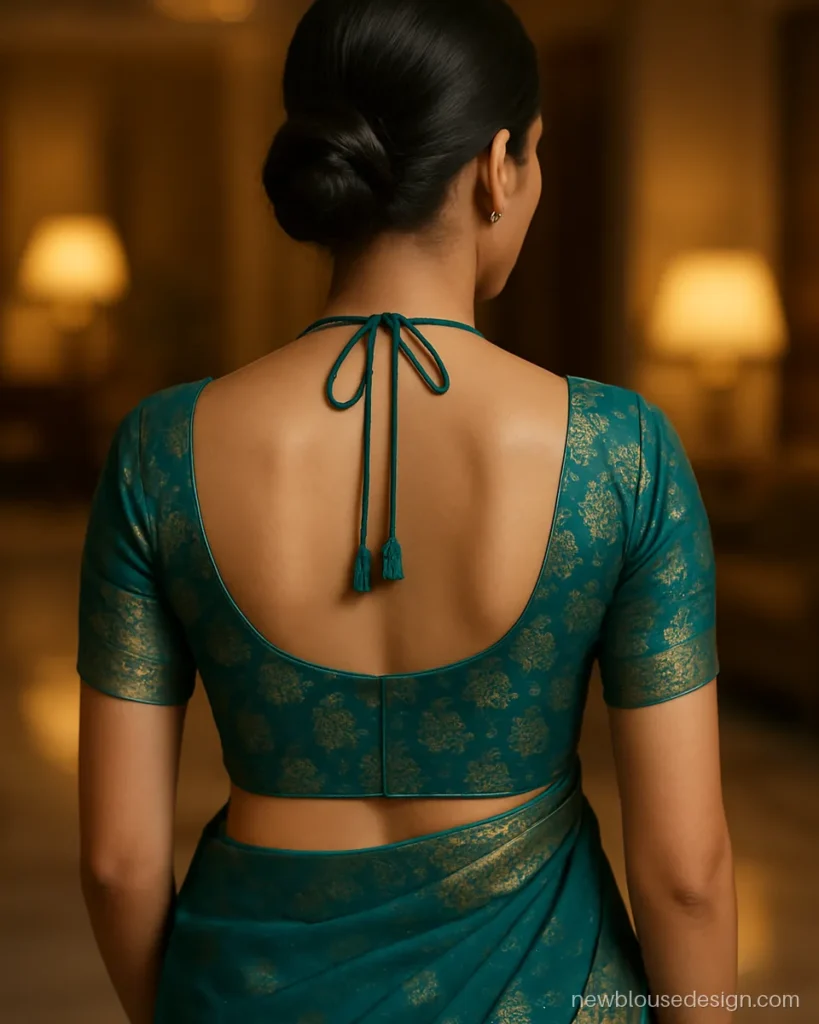 Teal banarasi halter neck blouse seen from the back with a dori tie
