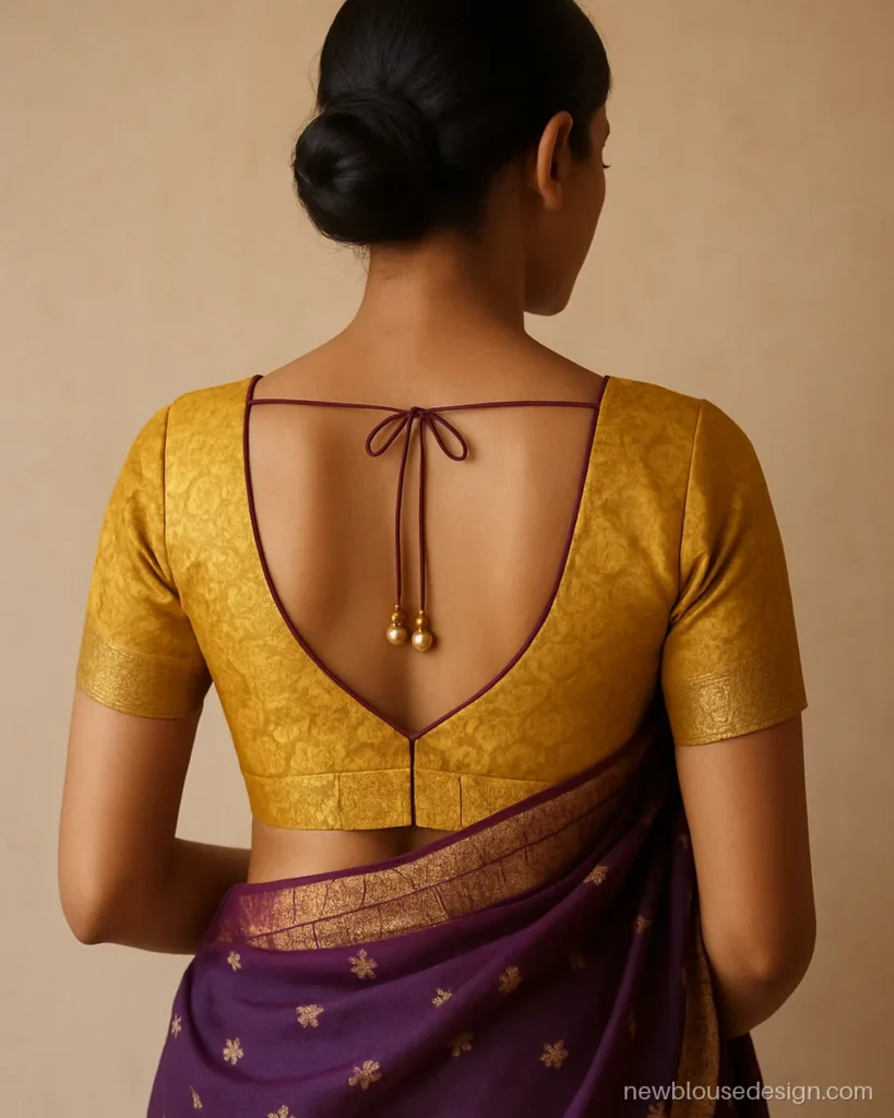 Mustard banarasi blouse back design with a paan neck and pearl latkans