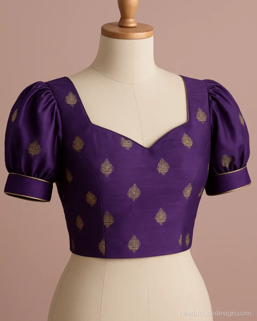 Purple banarasi blouse with small pleated puff sleeves and gold piping
