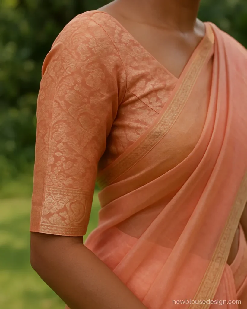 Peach banarasi blouse with sheer organza sleeves and a brocade body