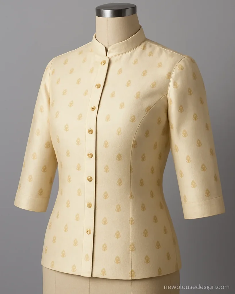 Cream Banarasi blouse with a small mandarin collar and buttons