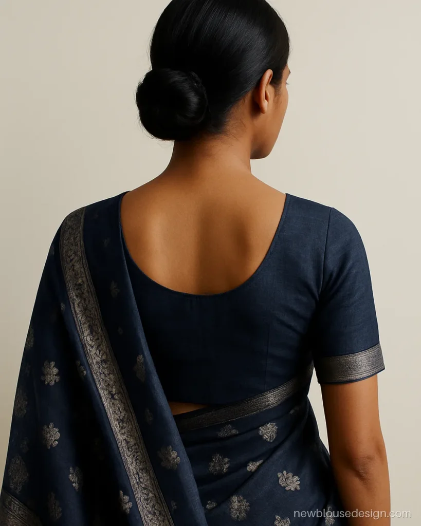 Simple navy banarasi cotton blouse with a round neck and short sleeves