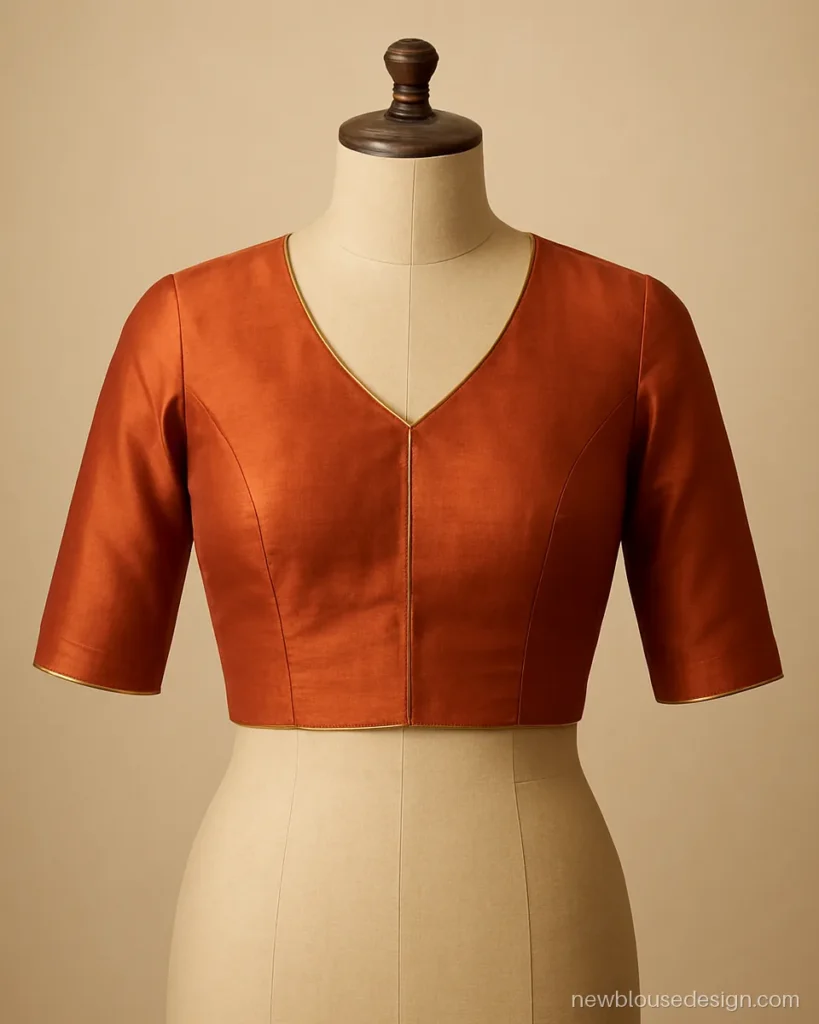 Rust Banarasi katan blouse with a simple V neck and elbow sleeves