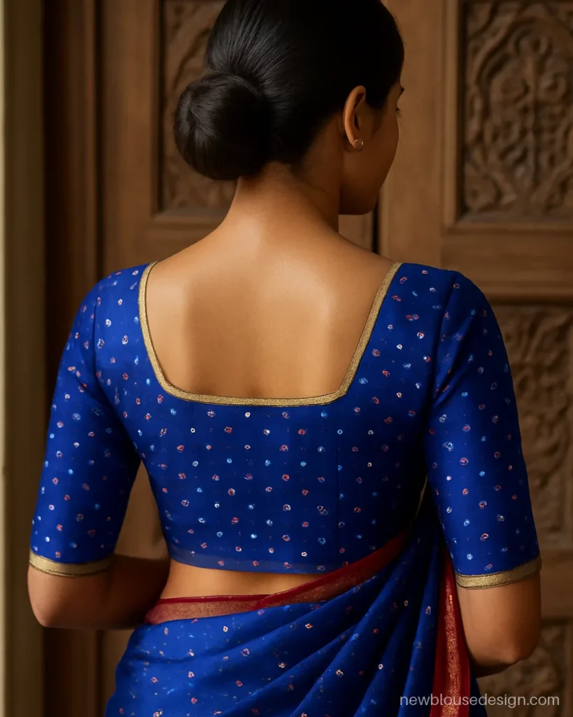 Blue bandhani blouse back with square neck and gold zari piping