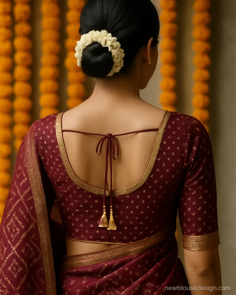 Maroon bandhani blouse back design with deep U neck and gota latkans