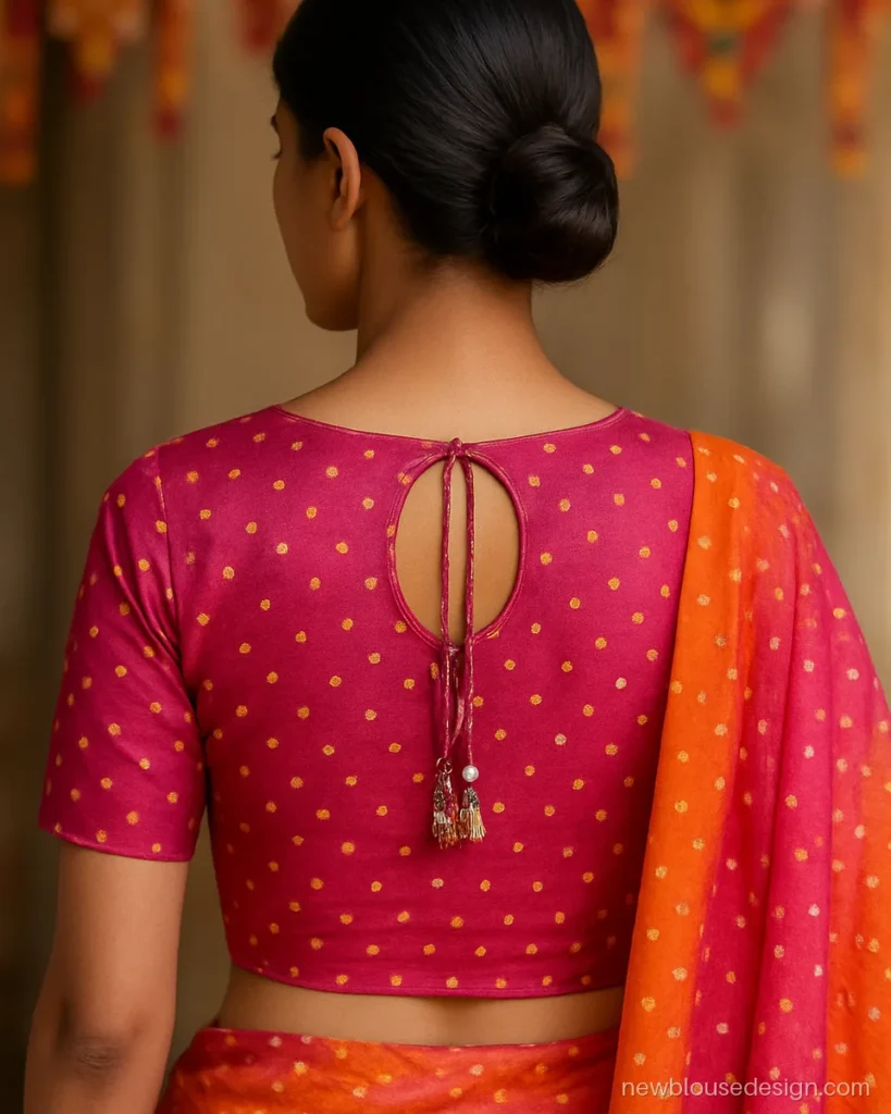 Pink bandhani blouse back with keyhole cutout and mirror work dori