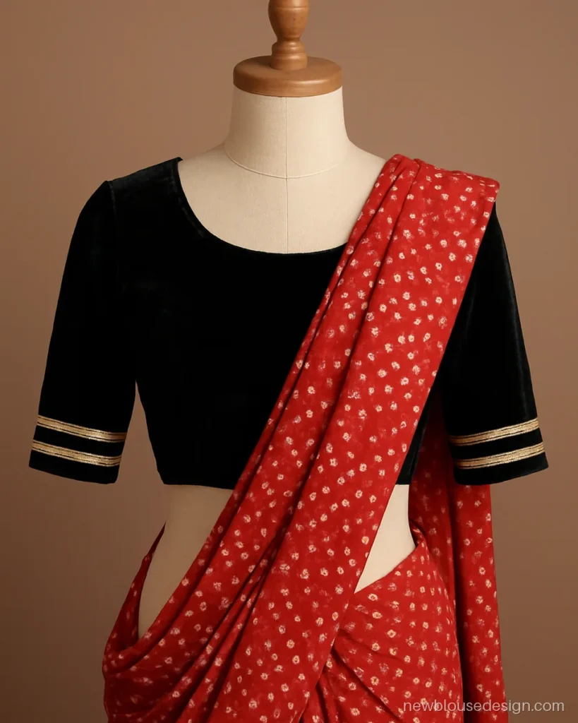 Black velvet blouse with gold gota sleeves worn with a red bandhej saree