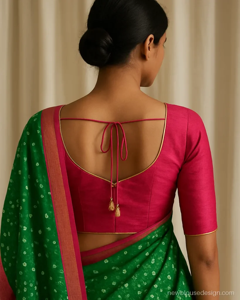 Pink raw silk blouse back with sweetheart back neck for a green bandhani saree
