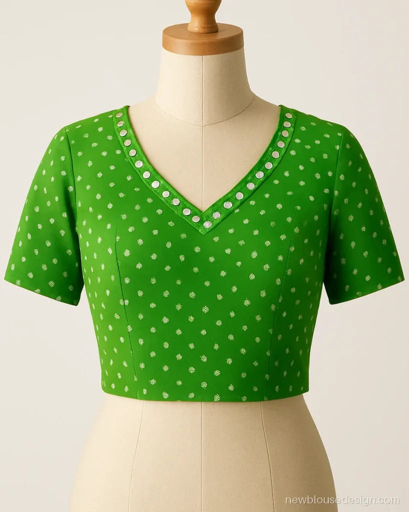 Green bandhani georgette blouse with V neck and small mirror work on the yoke