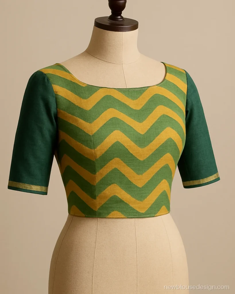 Green and yellow leheriya blouse with boat neck and solid green sleeves