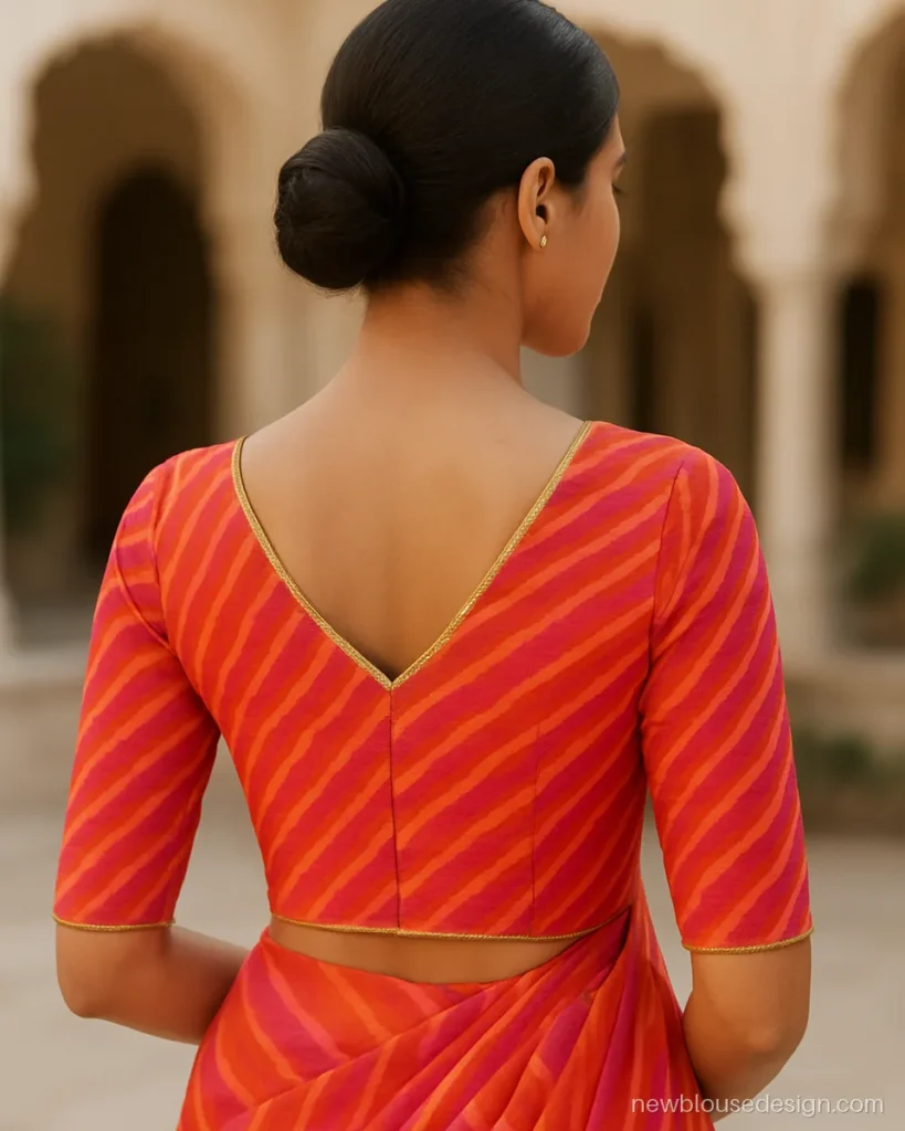 Orange and pink leheriya blouse back with V neck and gota edging
