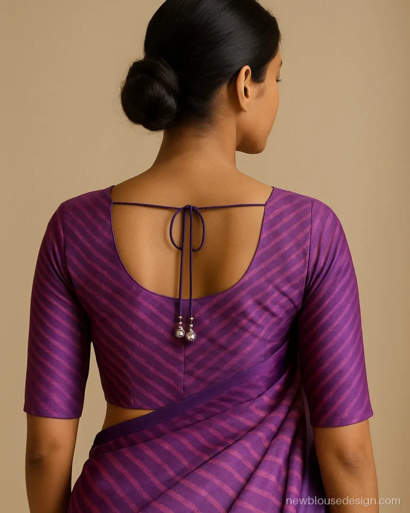 Purple silk leheriya blouse back with round neck and silver latkans