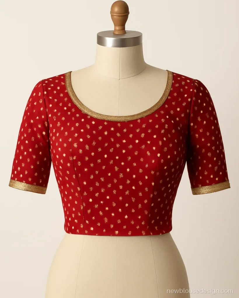 Red gaji silk bandhani blouse with round neck and gold gota border on a dress form