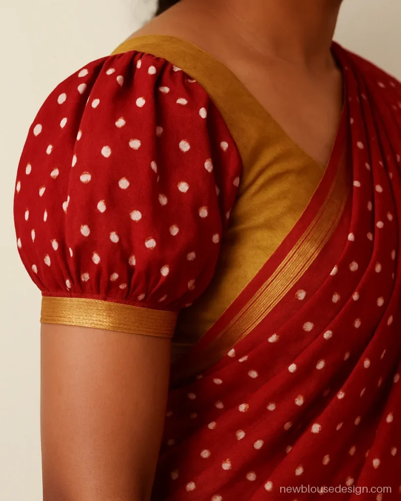 Mustard silk blouse with red bandhani puff sleeves, side view