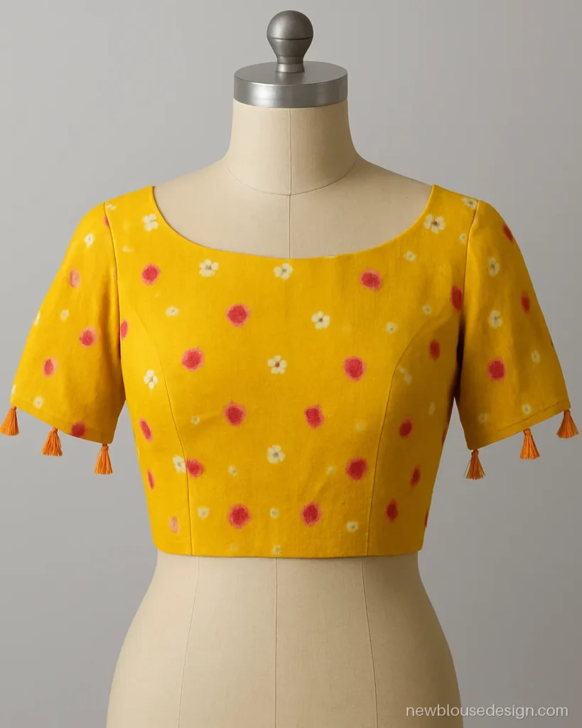 Yellow cotton bandhani blouse with boat neck and orange tassels