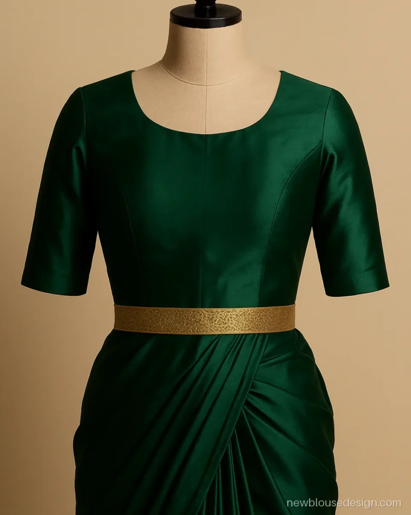 Emerald belt blouse design with zari belt at the waist and saree pleats