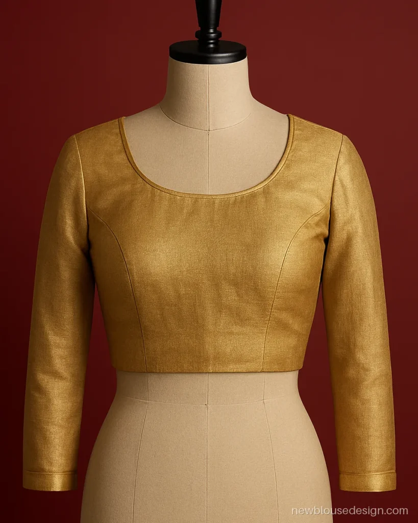 Full hata blouse design in gold tissue with round neck for Ashtami