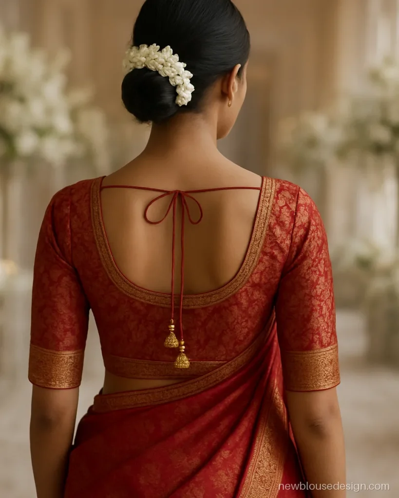Biyer blouse design in red Banarasi brocade with round back, zari border and latkans