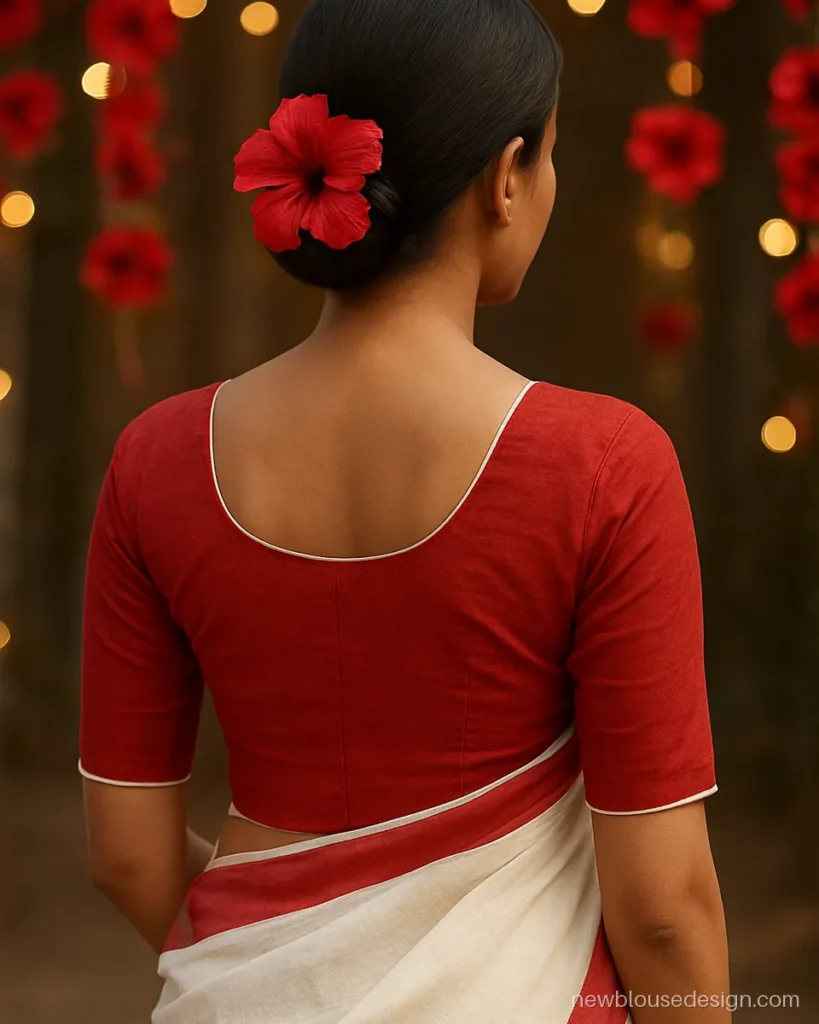 Durga puja blouse design in red cotton with white piping and round back