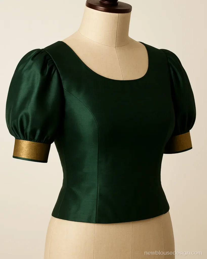 Ghoti hata blouse design in bottle green silk with rounded pot shaped sleeves