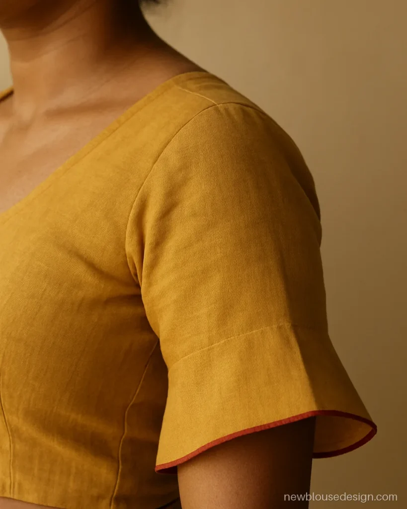 Glass hata blouse design in mustard cotton with short sleeve flaring at the hem